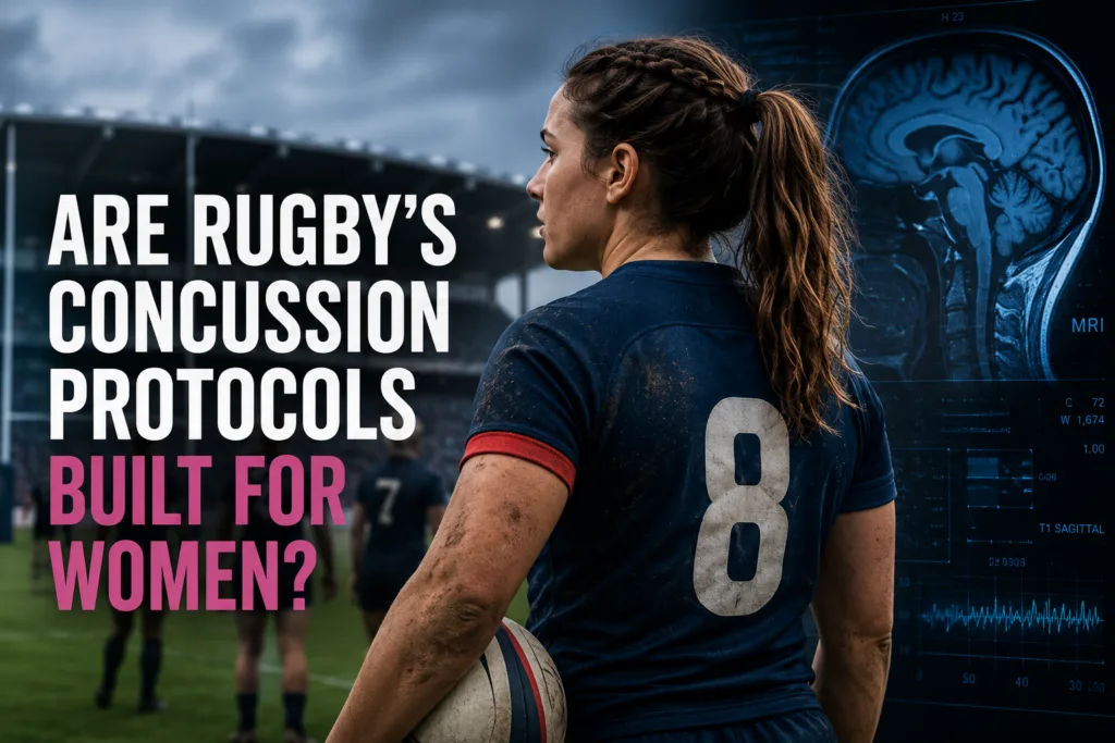 Female rugby player alongside brain MRI imagery illustrating research into women’s rugby concussion protocols.