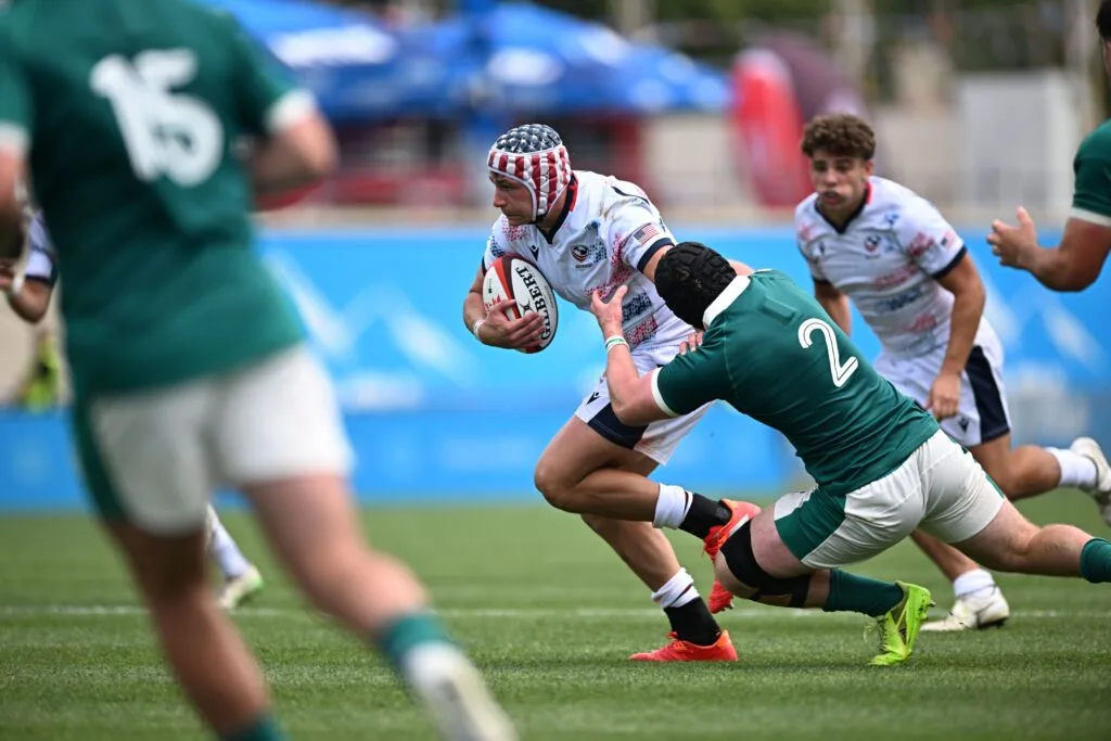 USA ball carrier attacks the Ireland defense during the World Rugby U20 Championship Pool C match in Tbilisi.