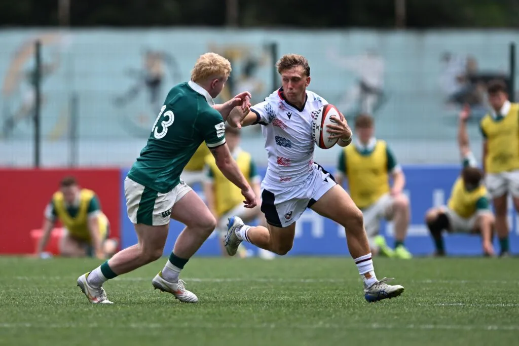 USA U20 ball carrier attacks the Irish defense during the World Rugby U20 Championship Pool C match in Tbilisi.