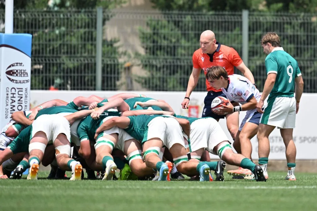 USA and Ireland contest a scrum during the World Rugby U20 Championship.