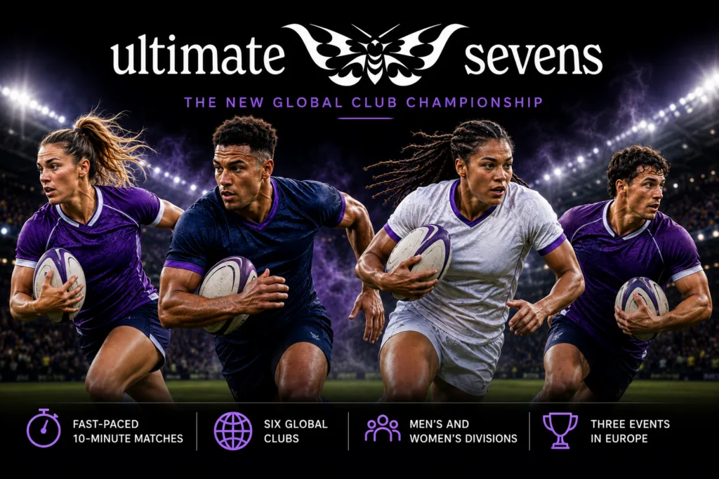 Ultimate Sevens rugby hero image featuring men’s and women’s players ahead of the new global club championship