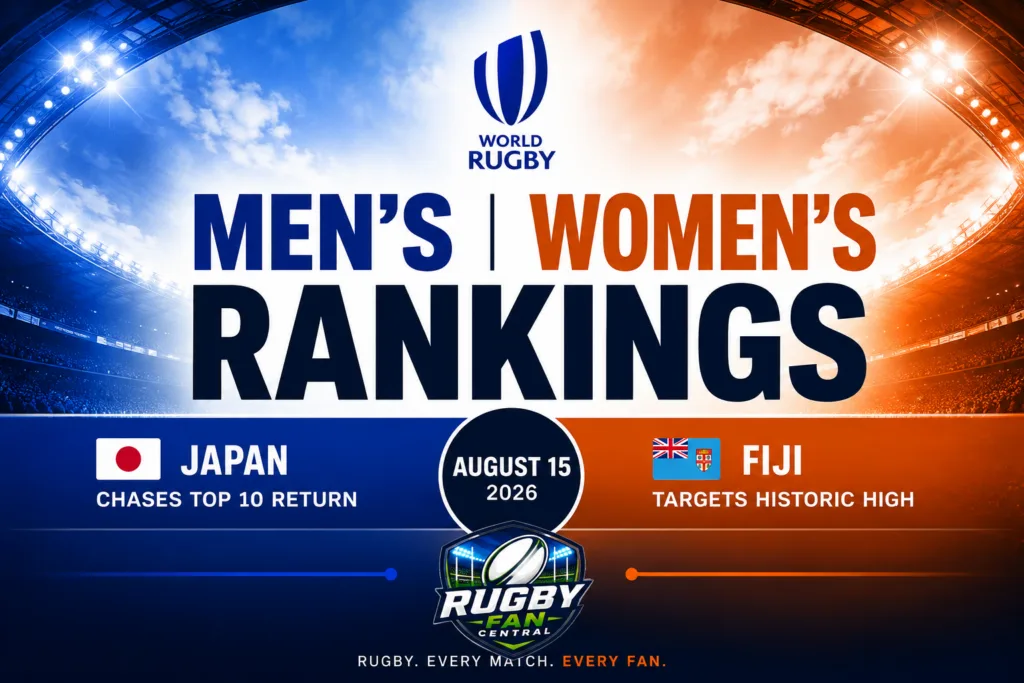 World Rugby rankings preview for August 15, 2026, with Japan chasing a men's top 10 return and Fiji targeting a historic high in the women's rankings.