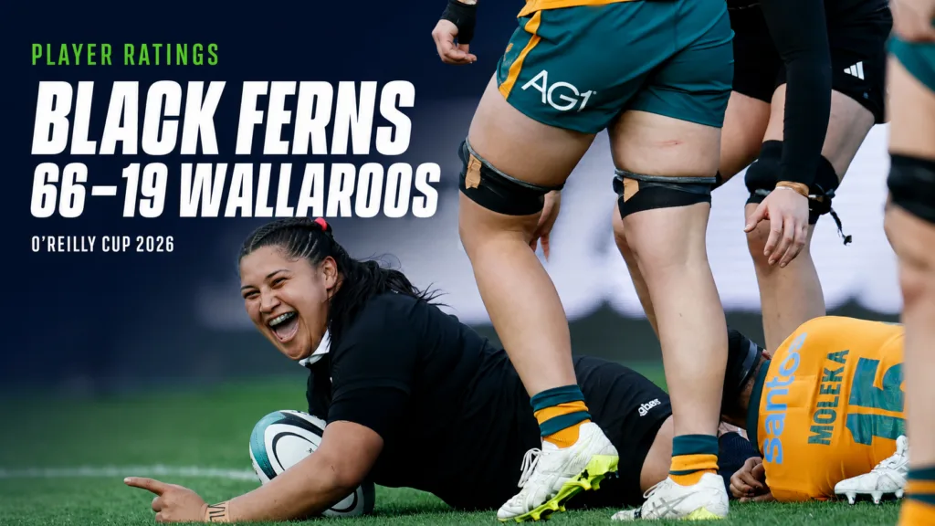 Black Ferns player celebrates during New Zealand’s 66–19 win over the Wallaroos in the 2026 O’Reilly Cup.