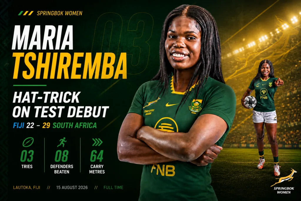Maria Tshiremba celebrates a hat-trick on Test debut as South Africa beat Fiji 29-22 in Lautoka