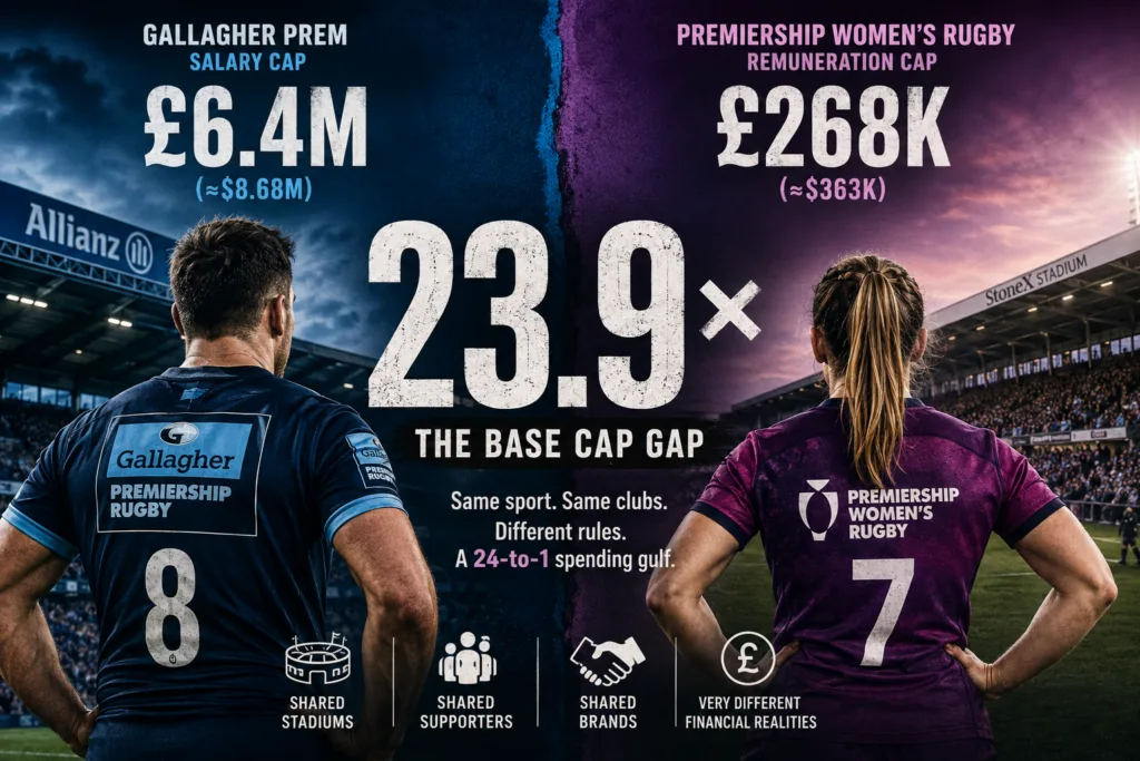 Gallagher PREM and Premiership Women’s Rugby salary cap comparison showing £6.4 million vs £268,000, a 23.9-times gap.