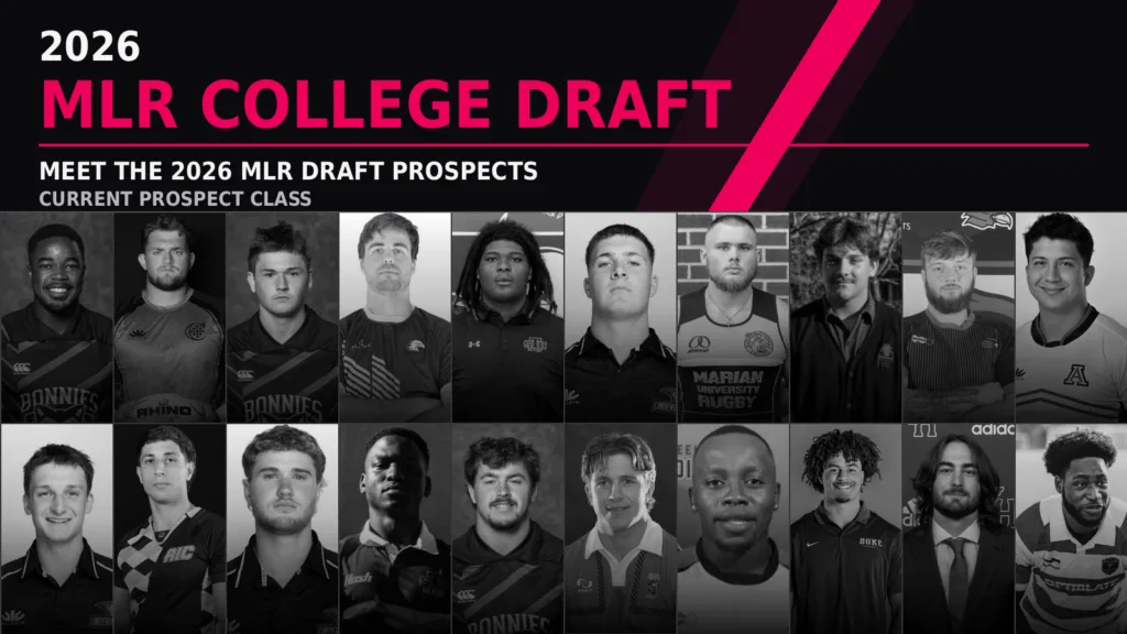 2026 MLR College Draft prospects featuring players from college rugby programs across the United States and Canada