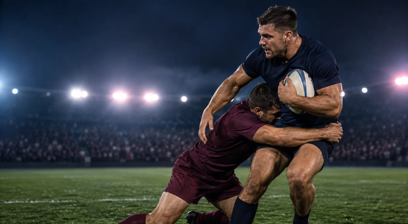 Rugby tackler lowering their body height and wrapping the ball carrier below the sternum