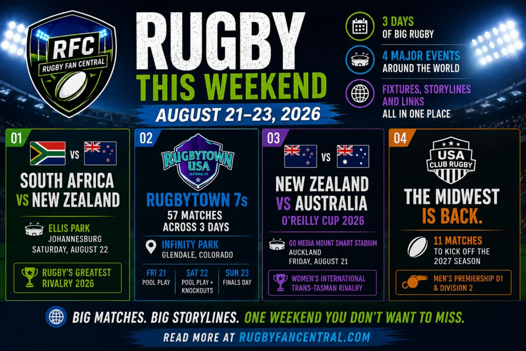 Rugby This Weekend August 21–23, 2026 featuring South Africa vs New Zealand, RugbyTown 7s, O'Reilly Cup and Midwest club rugby