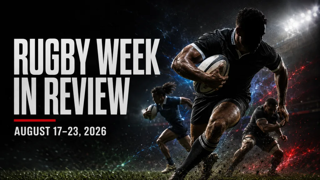 Rugby Week in Review for August 17–23, 2026, featuring rugby players under stadium lights.