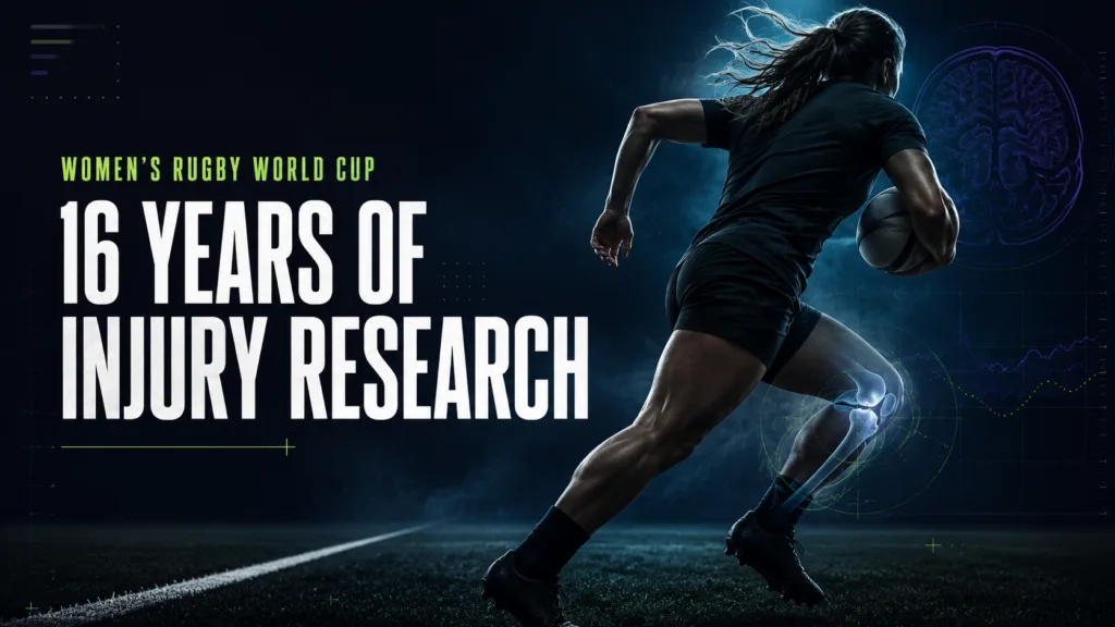 Female rugby player with knee and brain research imagery representing a 16-year Women’s Rugby World Cup injury study