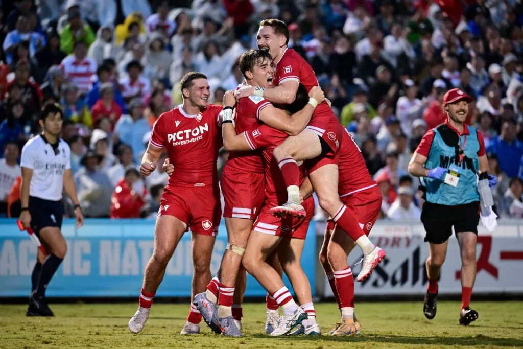 Canada players celebrate during the 19-16 win over the USA in the 2026 Pacific Nations Cup third-place playoff