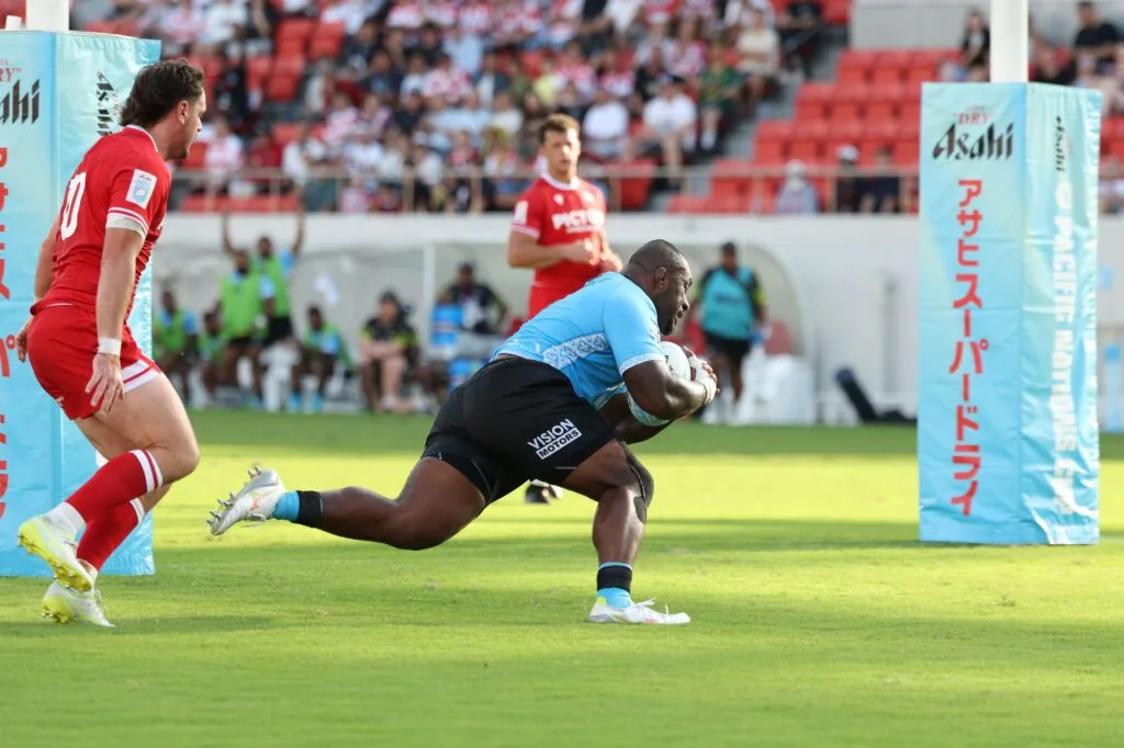 Fiji player dives toward the try line against Canada in the 2026 Pacific Nations Cup semifinal