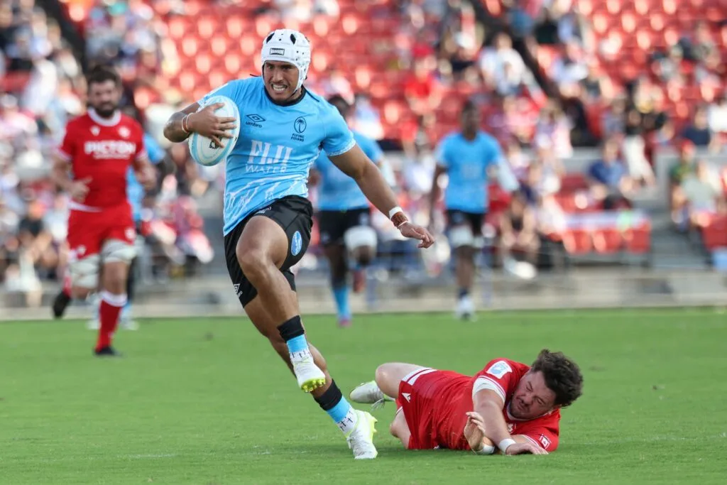 Fiji ball carrier breaks through against Canada in the 2026 Pacific Nations Cup semifinal