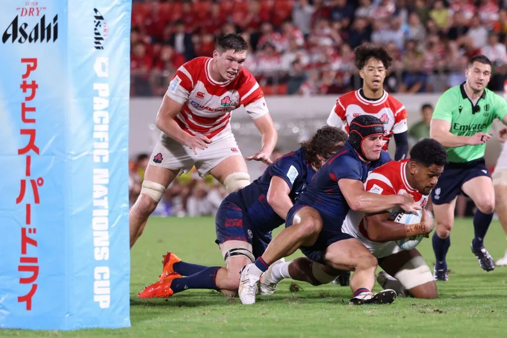 Japan ball carrier tackled by the USA near the posts in the 2026 Pacific Nations Cup semifinal