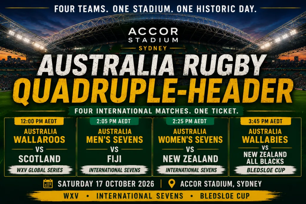 Australia rugby quadruple-header at Accor Stadium in Sydney featuring the Wallabies, Wallaroos and Sevens teams