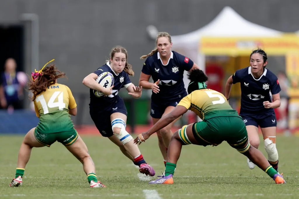 Hong Kong China ball carrier breaks through the Brazil defense during the 2026 WXV Global Series Challenger