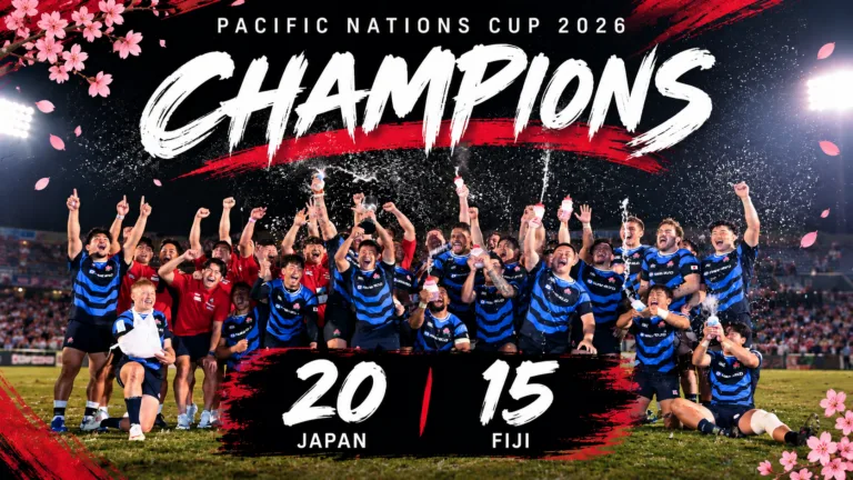 Japan celebrate winning the 2026 Pacific Nations Cup after beating Fiji 20-15 in Tokyo