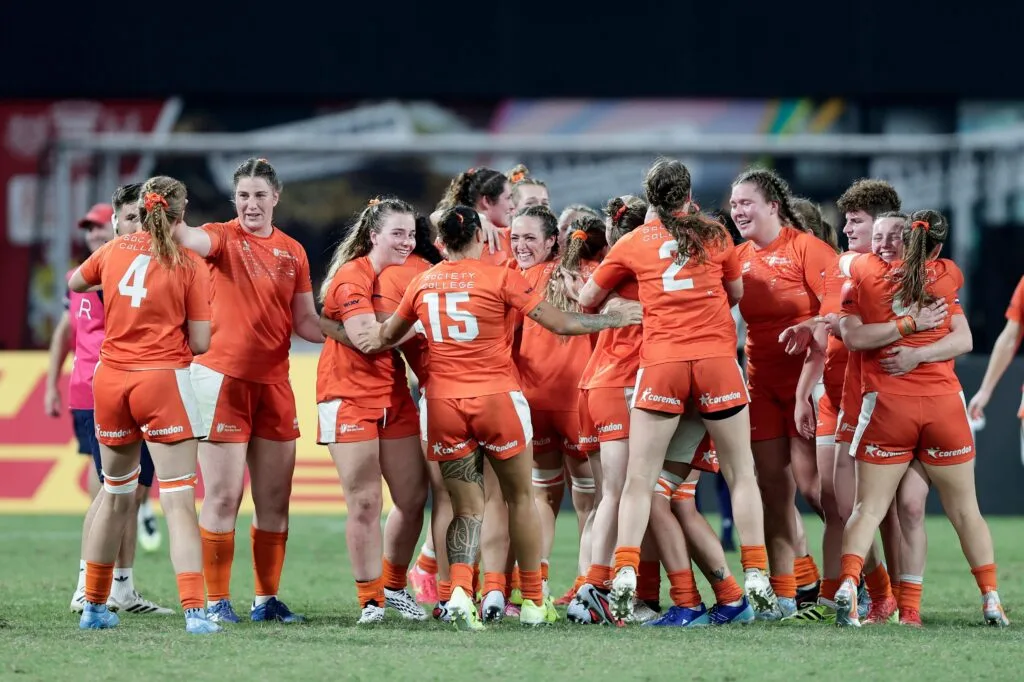 Netherlands players celebrate their victory over Samoa in the 2026 WXV Global Series Challenger