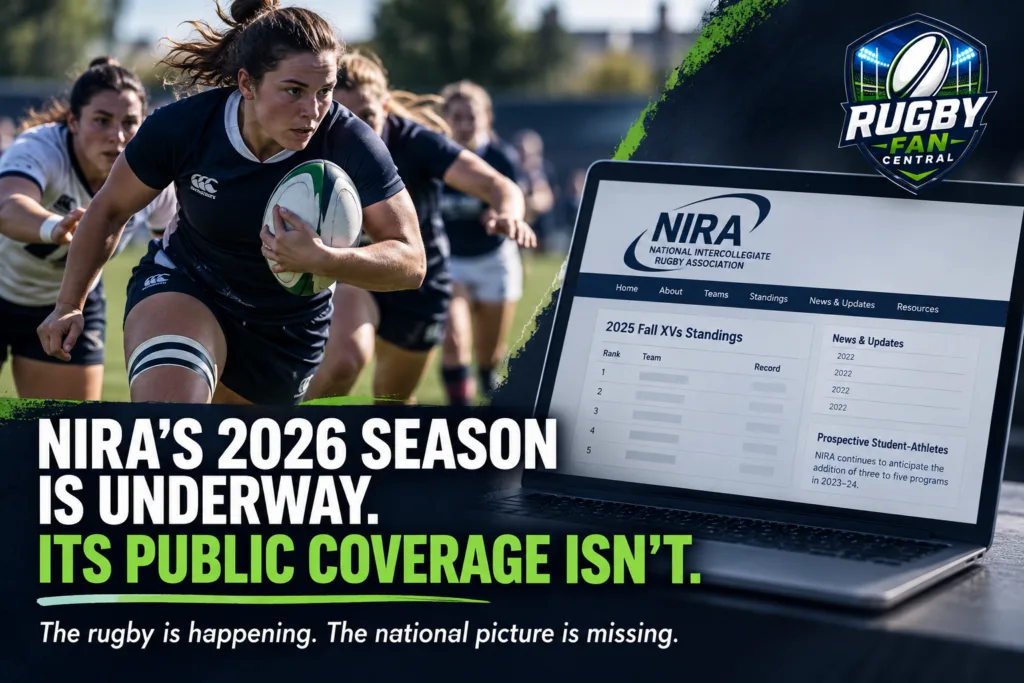 NIRA rugby 2026 public coverage graphic featuring women’s college rugby and Rugby Fan Central