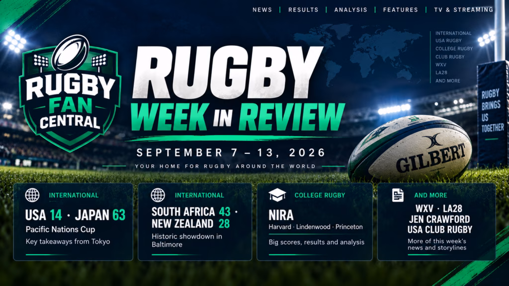 Rugby Week in Review September 7–13, 2026 featuring USA vs Japan, South Africa vs New Zealand, NIRA, WXV and LA28