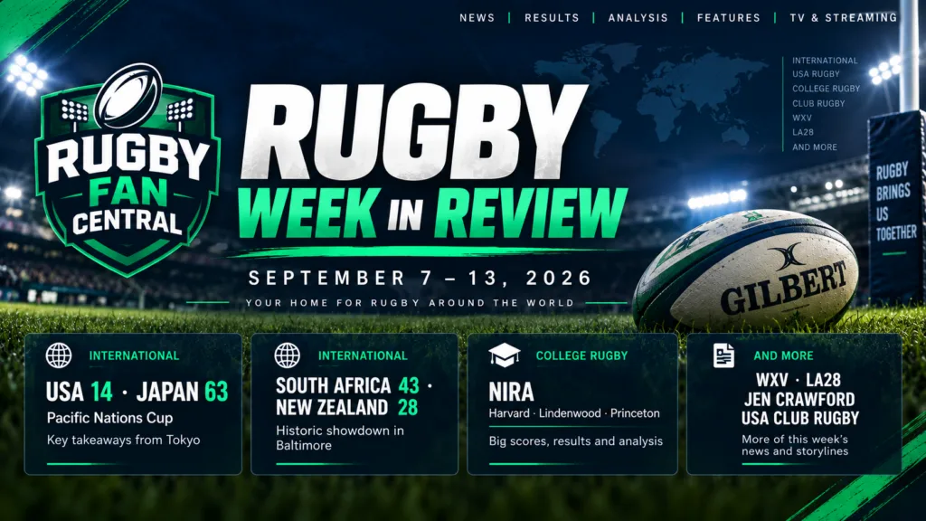 Rugby Week in Review September 7–13, 2026 featuring USA vs Japan, South Africa vs New Zealand, NIRA, WXV and LA28