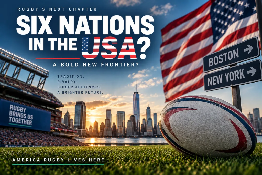 Six Nations USA concept graphic with a rugby ball, American flag and signs for Boston and New York
