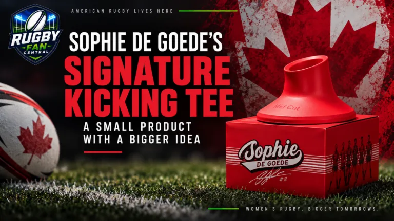 Sophie de Goede with her red signature Rugby Bricks kicking tee