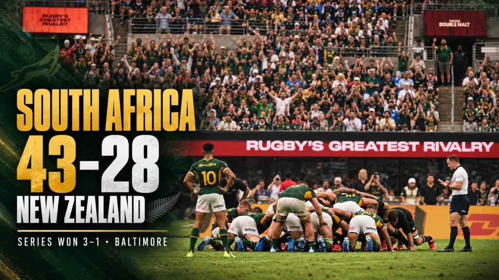 South Africa beat New Zealand 43–28 in Baltimore to win the 2026 Greatest Rivalry series 3–1