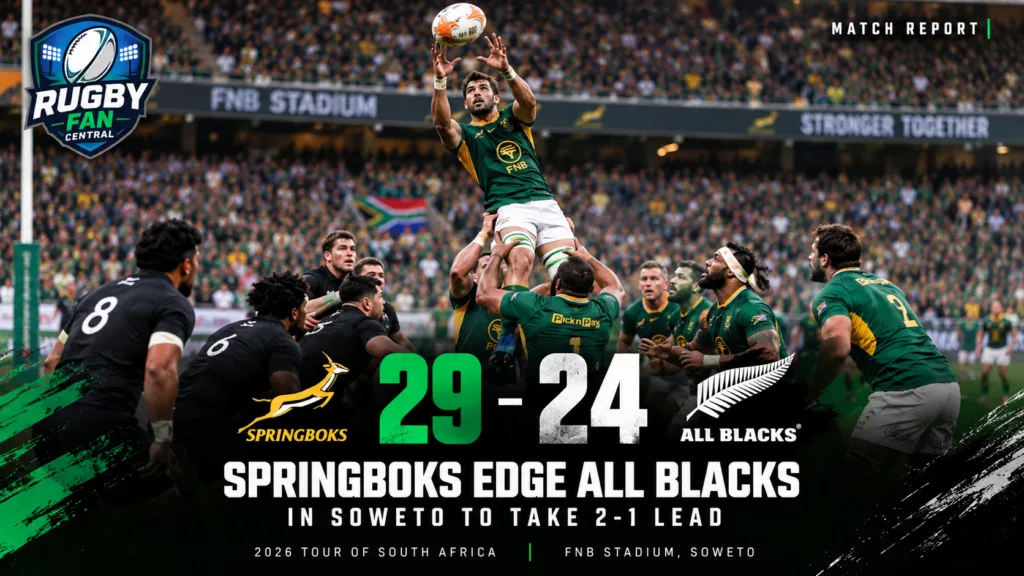 South Africa vs New Zealand rugby match report graphic after the Springboks' 29-24 win at FNB Stadium in Soweto.