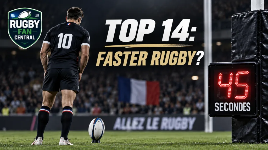Top 14 45-second kicking rule graphic showing a rugby kicker and 45-second countdown clock