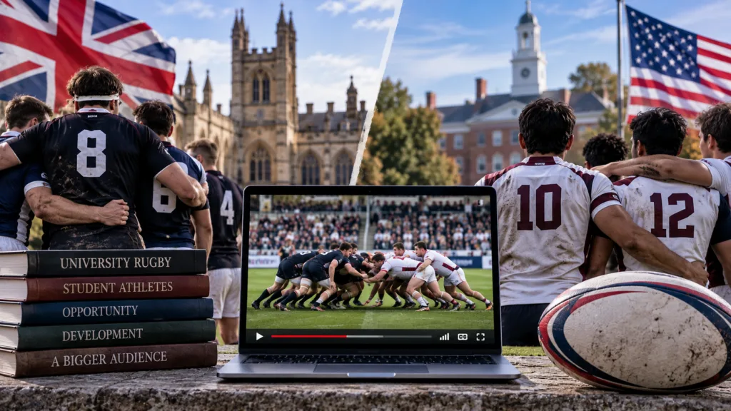 British university rugby and U.S. college rugby players with a laptop showing a live rugby stream