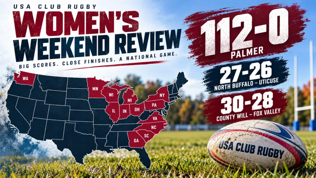 USA Club Rugby women’s results for September 26, 2026, featuring Palmer’s 112-0 win and matches across 13 states