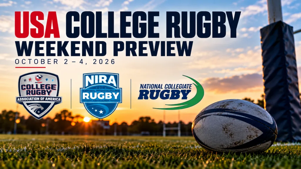 USA college rugby weekend preview for October 2–4, 2026 featuring CRAA, NIRA and National Collegiate Rugby.