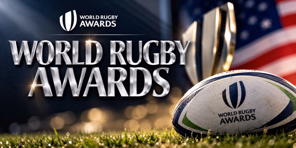 World Rugby Awards 2026 graphic featuring a rugby ball, trophy and American flag, accompanying Bella Vogel's Breakthrough Player nomination.