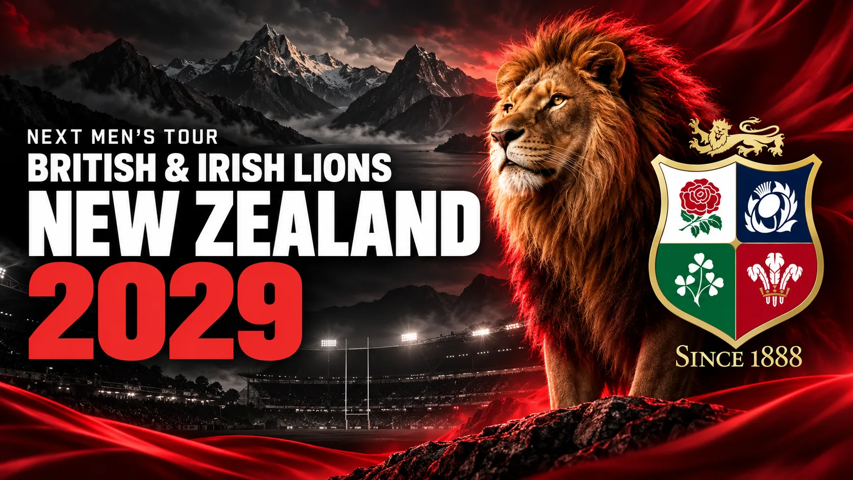 British & Irish Lions men’s tour to New Zealand in 2029, featuring a lion and the Lions crest.