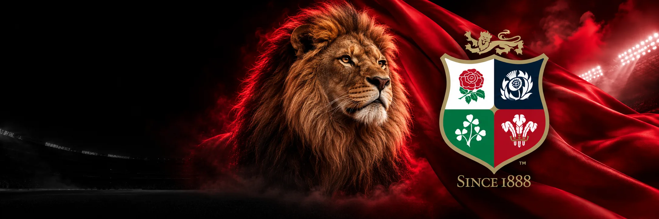 Lion beside the British & Irish Lions crest against a red and black stadium background.