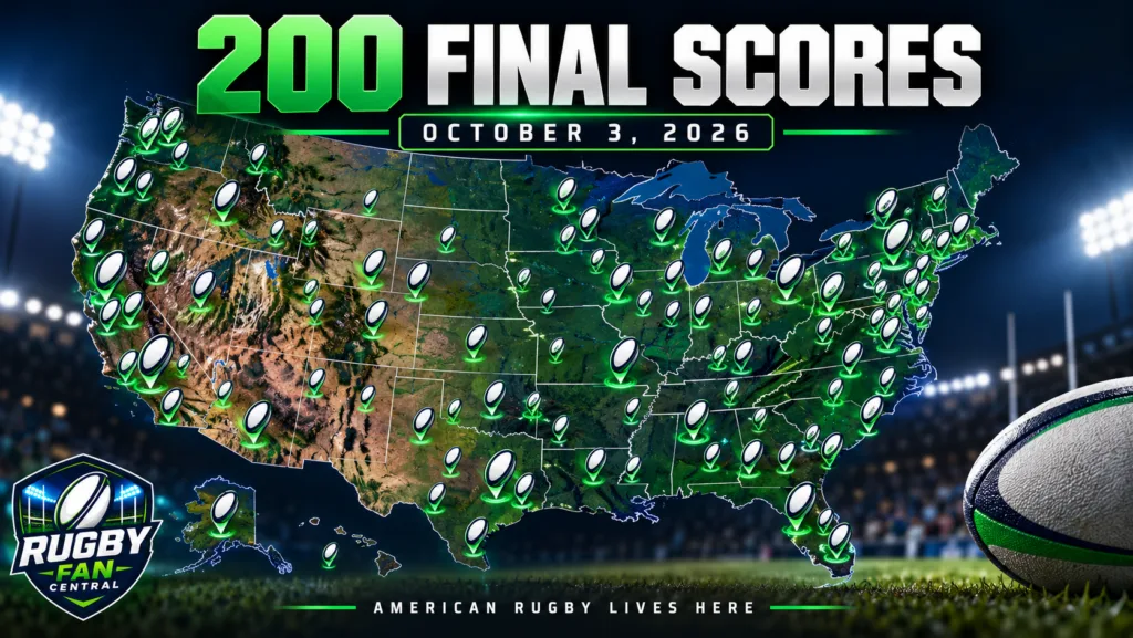 Map of the United States highlighting 200 USA club rugby final scores recorded on October 3, 2026