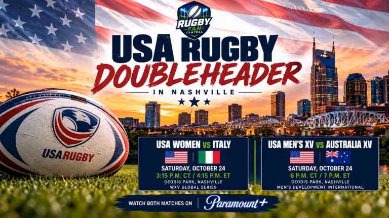Rugby Fan Central promotional graphic for the USA Women vs Italy and USA XV vs Australia XV doubleheader in Nashville on October 24, 2026.
